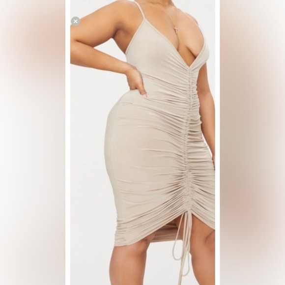 PrettyLittleThing Plus Stone Slinky Strappy Ruched Midi Dress - Picture 2 of 8